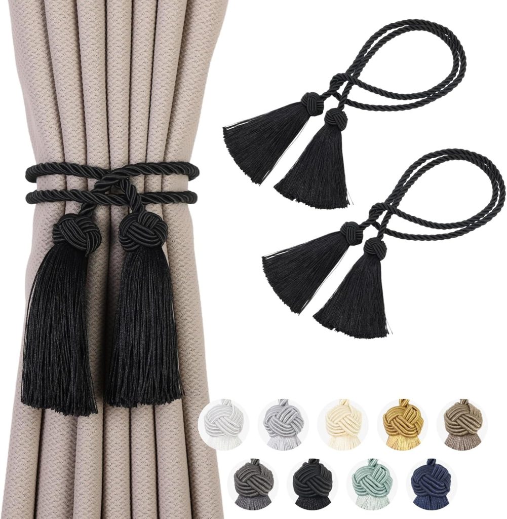 2 Pack Curtain Tiebacks Curtains Tie Back with Tassels- Curtain Holdbacks Tassel Decorative Rope for Towel Bedroom Bathroom Kitchen Home and Office Thin or Sheer Window Drapes Decor-Black