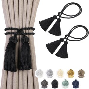 2 Pack Curtain Tiebacks Curtains Tie Back with Tassels- Curtain Holdbacks Tassel Decorative Rope for Towel Bedroom Bathroom Kitchen Home and Office Thin or Sheer Window Drapes Decor-Black