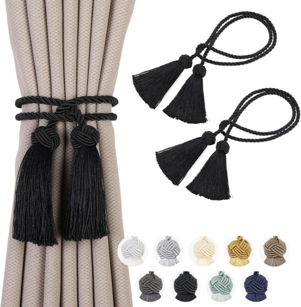 2 Pack Curtain Tiebacks Curtains Tie Back with Tassels- Curtain Holdbacks Tassel Decorative Rope for Towel Bedroom Bathroom Kitchen Home and Office Thin or Sheer Window Drapes Decor-Black