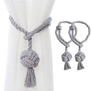 2 Pack Rustic Curtain Tiebacks - Outdoor Curtain Drapery Holdbacks Holders - Hand Knitting Cotton Rope Drape Tie Backs for Sheer and Blackout Curtain(Set of 2, Grey)