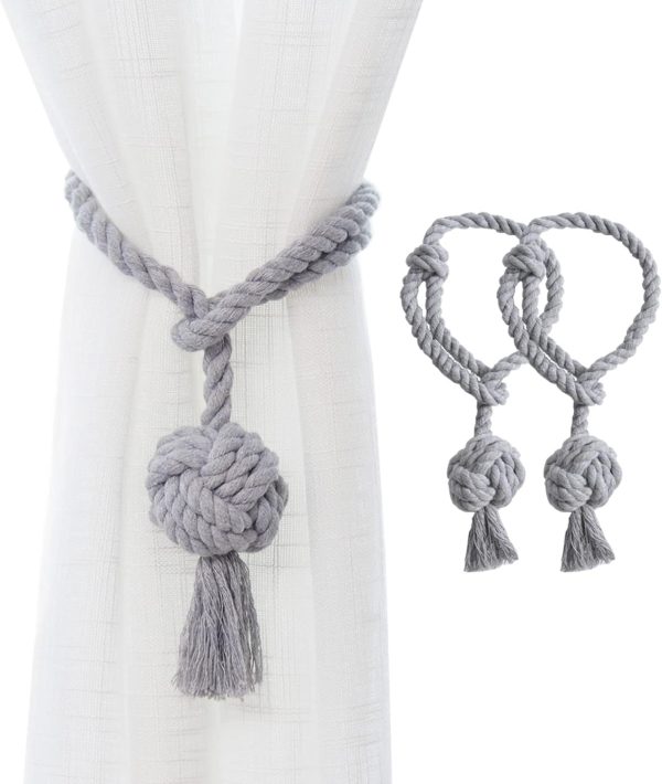 2 Pack Rustic Curtain Tiebacks - Outdoor Curtain Drapery Holdbacks Holders - Hand Knitting Cotton Rope Drape Tie Backs for Sheer and Blackout Curtain(Set of 2, Grey)