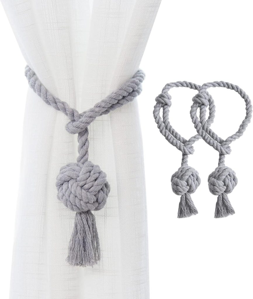 2 Pack Rustic Curtain Tiebacks - Outdoor Curtain Drapery Holdbacks Holders - Hand Knitting Cotton Rope Drape Tie Backs for Sheer and Blackout Curtain(Set of 2, Grey)