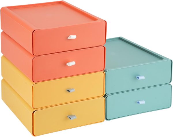 6 PCS Desk Organizer with Drawers, Stackable Desktop Storage Drawers, Large Capacity Drawer Desktop Organizer, Plastic Desktop Storage Box Desk Organizer for Office School Home (3 Colors)