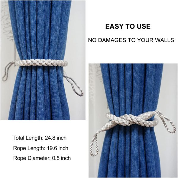 Curtain Tiebacks Ropes, 2pcs Decorative Handmade Tie Backs Curtain Holdbacks Holders Cord for Window Sheer Drapes Indoor Outdoor, Grey - Image 5