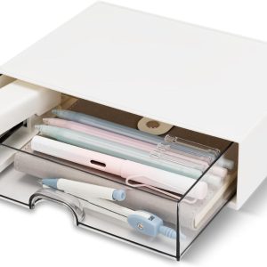 Desk Organizer Drawer, Clear Plastic Desk Storage Box, Desktop Organization for Office Supplies, Gel Pens, Pencils, Markers, Tape, Erasers, Paperclips, Chargers (White)
