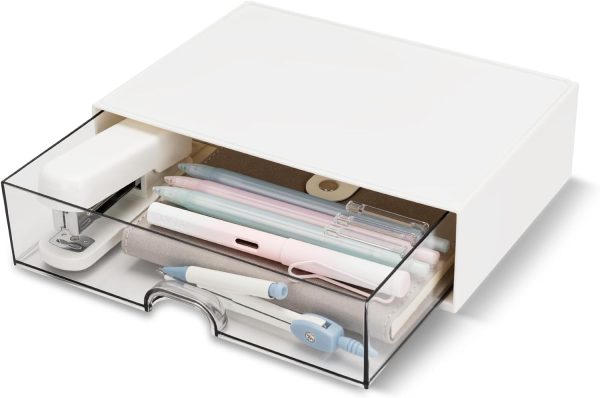 Desk Organizer Drawer, Clear Plastic Desk Storage Box, Desktop Organization for Office Supplies, Gel Pens, Pencils, Markers, Tape, Erasers, Paperclips, Chargers (White)