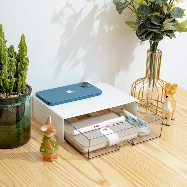 Desk Organizer Drawer, Clear Plastic Desk Storage Box, Desktop Organization for Office Supplies, Gel Pens, Pencils, Markers, Tape, Erasers, Paperclips, Chargers (White) - Image 2