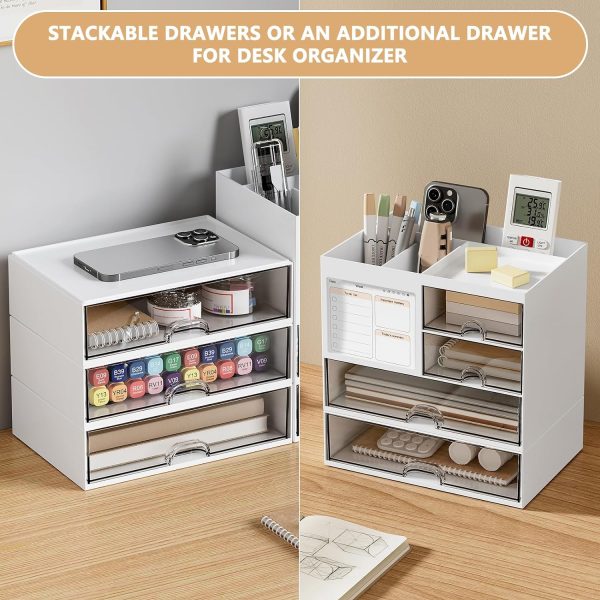 Desk Organizer Drawer, Clear Plastic Desk Storage Box, Desktop Organization for Office Supplies, Gel Pens, Pencils, Markers, Tape, Erasers, Paperclips, Chargers (White) - Image 3
