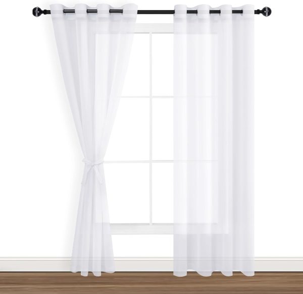 Hiasan White Sheer Curtains 84 Inches Long with Tiebacks, Light Filtering Semi Transparent Lightweight Voile Grommet Window Curtains for Bedroom, Living Room, W52 x L84, Set of 2 Drape Panels - Image 2