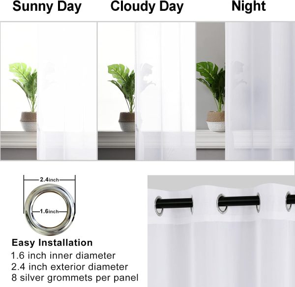 Hiasan White Sheer Curtains 84 Inches Long with Tiebacks, Light Filtering Semi Transparent Lightweight Voile Grommet Window Curtains for Bedroom, Living Room, W52 x L84, Set of 2 Drape Panels - Image 3