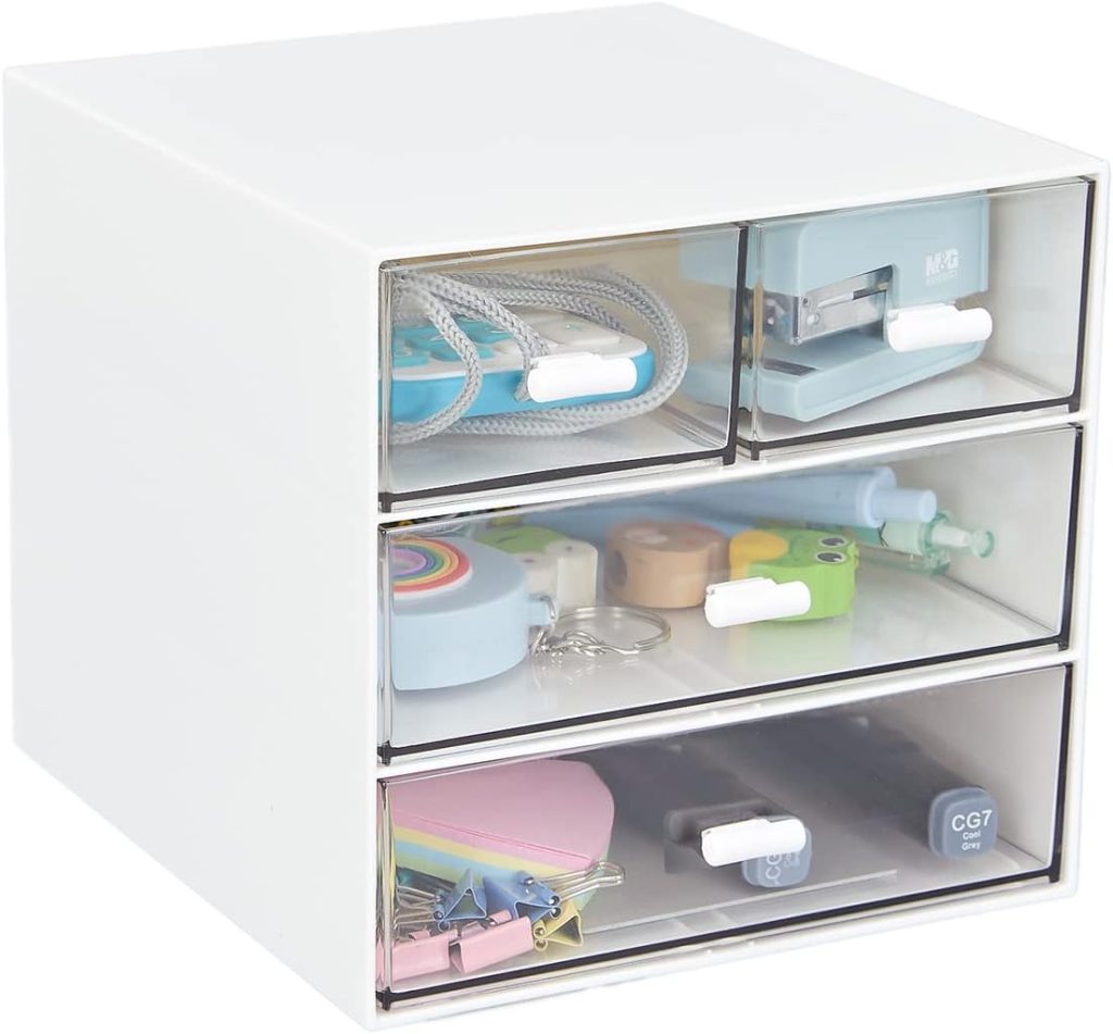 LETURE Desk Organizer with 4 Drawers, Clear Plastic Desk Storage Box, Desktop Organization for Office Supplies, Gel Pens, Pencils, Markers, Tape, Erasers, Paperclips, Chargers (White-4 Draws)