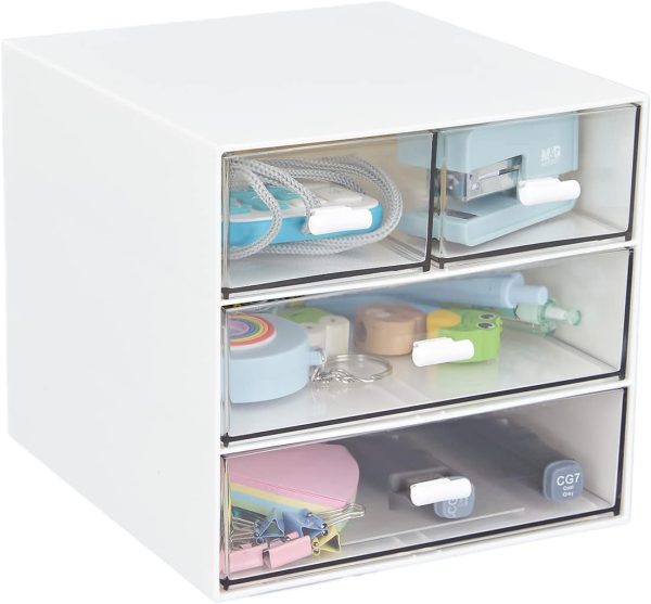 LETURE Desk Organizer with 4 Drawers, Clear Plastic Desk Storage Box, Desktop Organization for Office Supplies, Gel Pens, Pencils, Markers, Tape, Erasers, Paperclips, Chargers (White-4 Draws)
