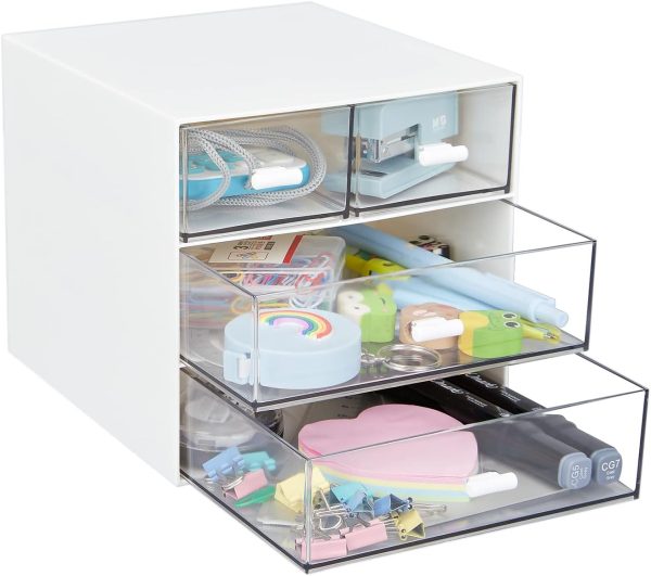 LETURE Desk Organizer with 4 Drawers, Clear Plastic Desk Storage Box, Desktop Organization for Office Supplies, Gel Pens, Pencils, Markers, Tape, Erasers, Paperclips, Chargers (White-4 Draws) - Image 4