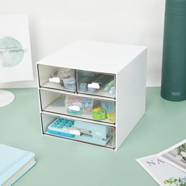 LETURE Desk Organizer with 4 Drawers, Clear Plastic Desk Storage Box, Desktop Organization for Office Supplies, Gel Pens, Pencils, Markers, Tape, Erasers, Paperclips, Chargers (White-4 Draws) - Image 6
