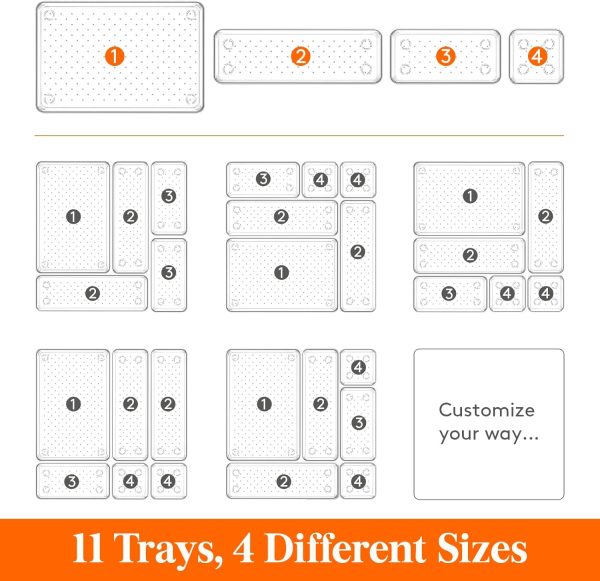 Lifewit 11 PCS Drawer Organizer Set Plastic Office Desk Drawer Dividers Trays Dresser Storage Bins Separation Box for Makeup, Jewelries and Gadgets, Bedroom, Bathroom, Clear - Image 3