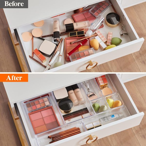 Lifewit 11 PCS Drawer Organizer Set Plastic Office Desk Drawer Dividers Trays Dresser Storage Bins Separation Box for Makeup, Jewelries and Gadgets, Bedroom, Bathroom, Clear - Image 5
