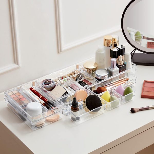 Lifewit 11 PCS Drawer Organizer Set Plastic Office Desk Drawer Dividers Trays Dresser Storage Bins Separation Box for Makeup, Jewelries and Gadgets, Bedroom, Bathroom, Clear - Image 7
