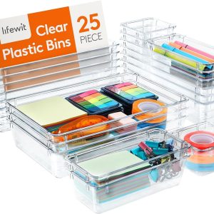 Lifewit 25 PCS Drawer Organizer Set Clear Plastic Desk Drawer Dividers Trays Dresser Storage Bins Separation Box for Makeup, Jewelries and Gadgets, Bedroom, Bathroom, Office