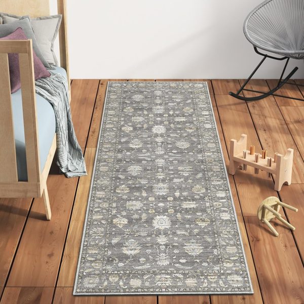 Washable Area Rugs 2x6 Runner Rug Non Slip Hallway Rugs Low-Pile Floor Carpet Distressed Printed Doormat Soft Area Rug for Kitchen Bathroom Living Room Bedroom Indoor (Grey Gold 2x6)… - Image 3
