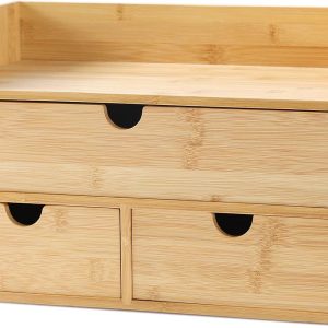 Wisuce Bamboo Desk Organizer, Mini Desktop Drawer Tabletop Storage Organization Box for Office Home Toiletries Supplies Vanity, No Assembly Required (3 Drawer with Shelf)