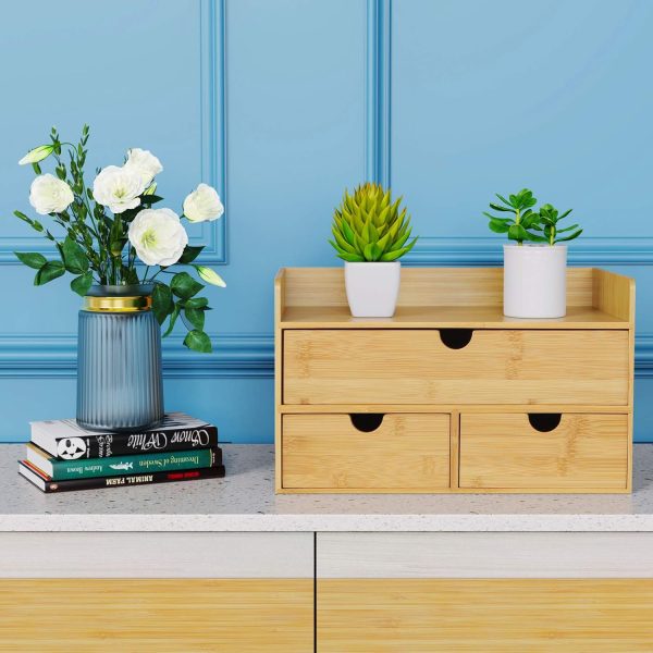 Wisuce Bamboo Desk Organizer, Mini Desktop Drawer Tabletop Storage Organization Box for Office Home Toiletries Supplies Vanity, No Assembly Required (3 Drawer with Shelf) - Image 2