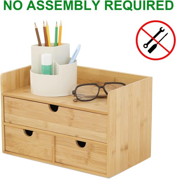 Wisuce Bamboo Desk Organizer, Mini Desktop Drawer Tabletop Storage Organization Box for Office Home Toiletries Supplies Vanity, No Assembly Required (3 Drawer with Shelf) - Image 4