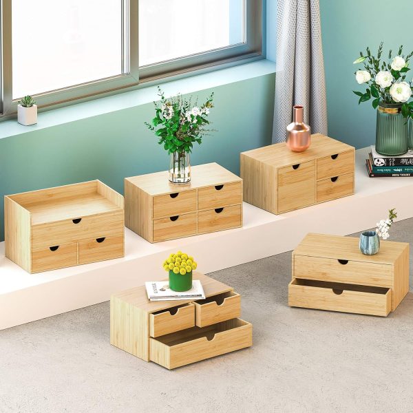 Wisuce Bamboo Desk Organizer, Mini Desktop Drawer Tabletop Storage Organization Box for Office Home Toiletries Supplies Vanity, No Assembly Required (3 Drawer with Shelf) - Image 8